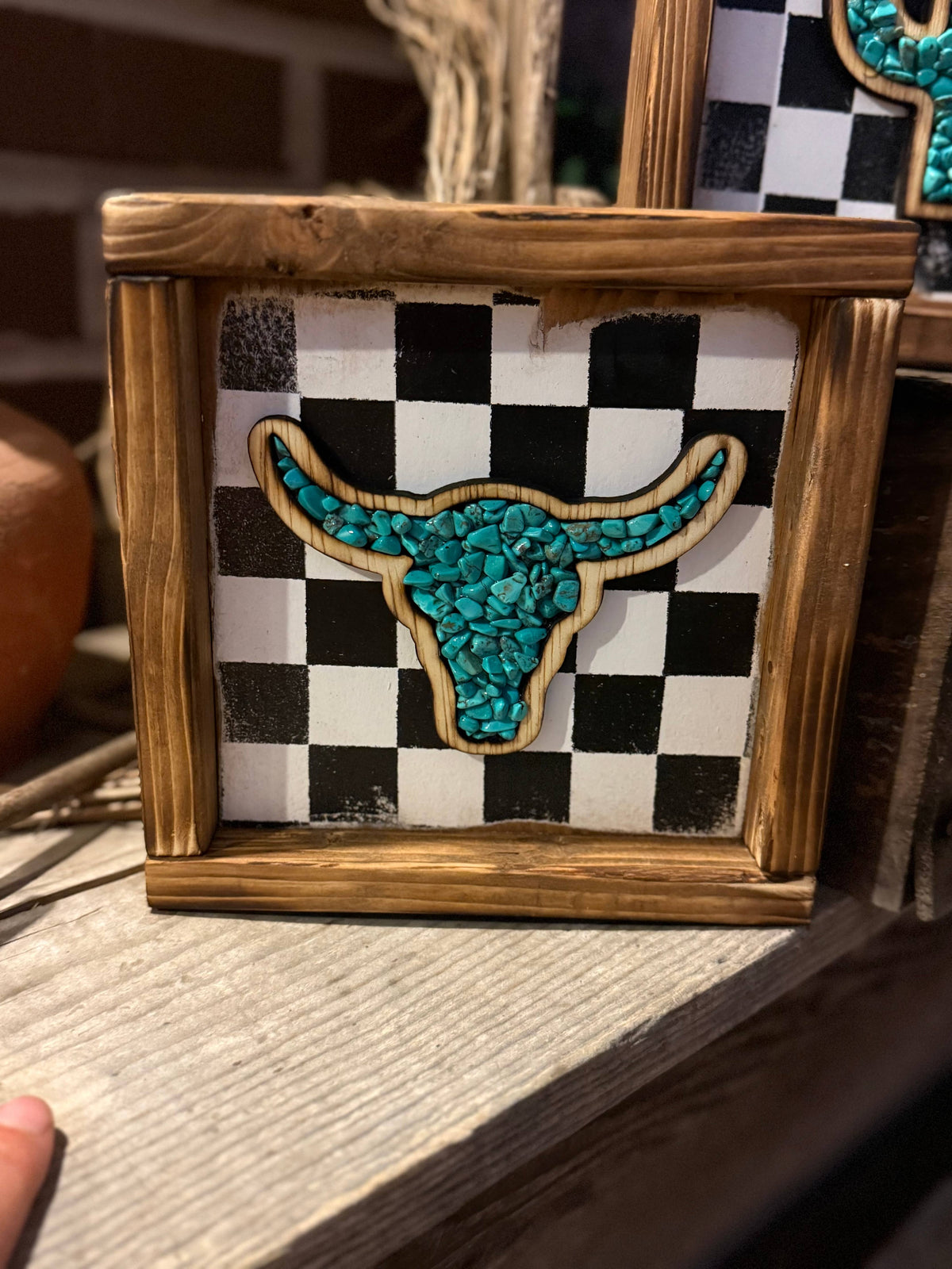 Faux Turquoise Longhorn Skull & Cactus Framed Western Sign