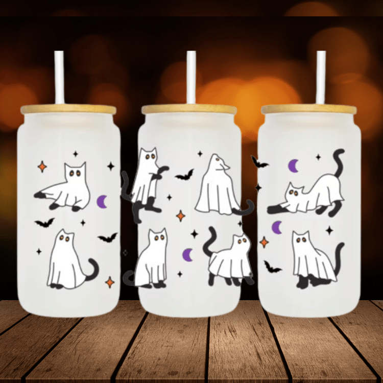 Halloween Ghost Cats Glass Can Cup