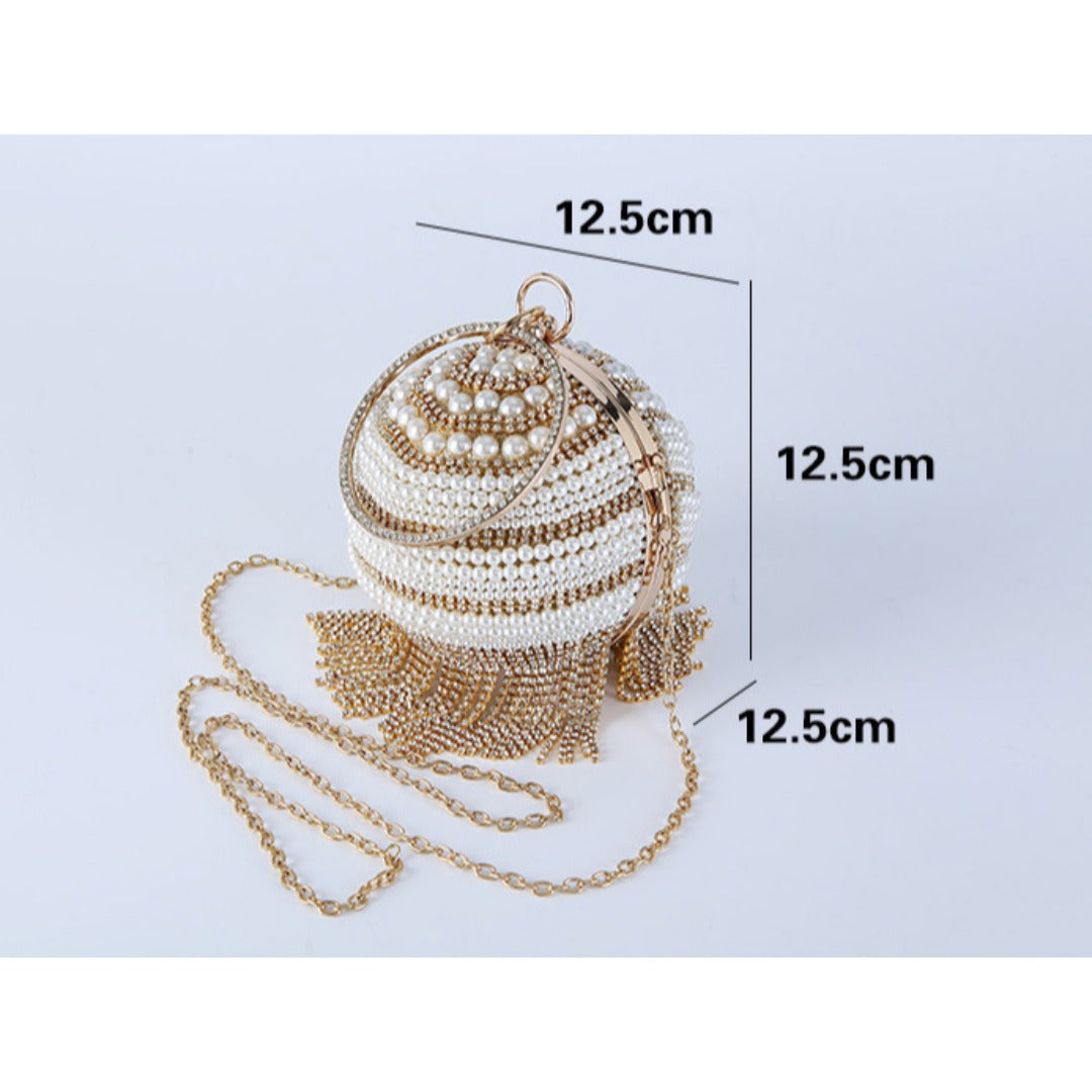 Beaded Round Evening Clutch – Pearl & Tassel
