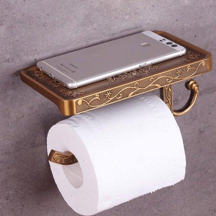 STEVVEX Decor Antique Brass Toilet Paper Holder with Phone Shelf
