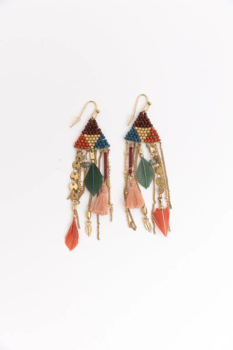 Boho Dreams Beads & Feathers Cascade Earrings