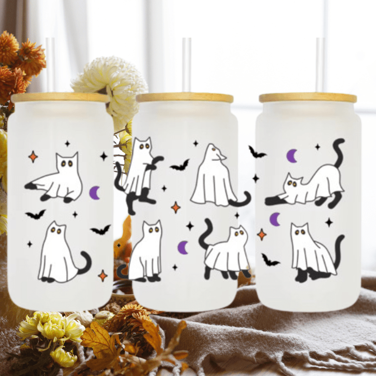 Halloween Ghost Cats Glass Can Cup