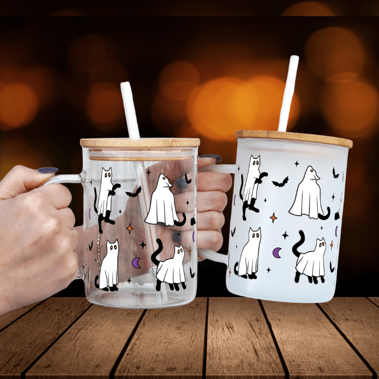Halloween Ghost Cats Glass Can Cup
