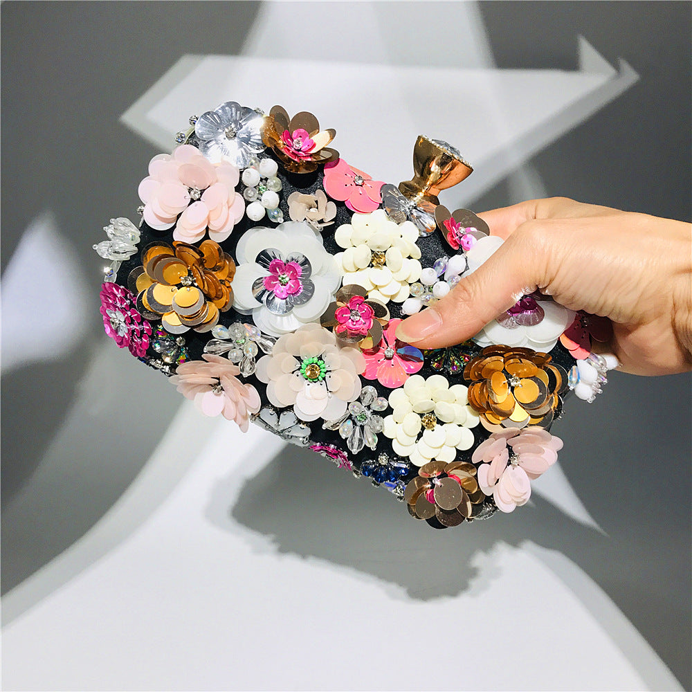 Floral Pearl & Sequin Clutch – Chain Strap