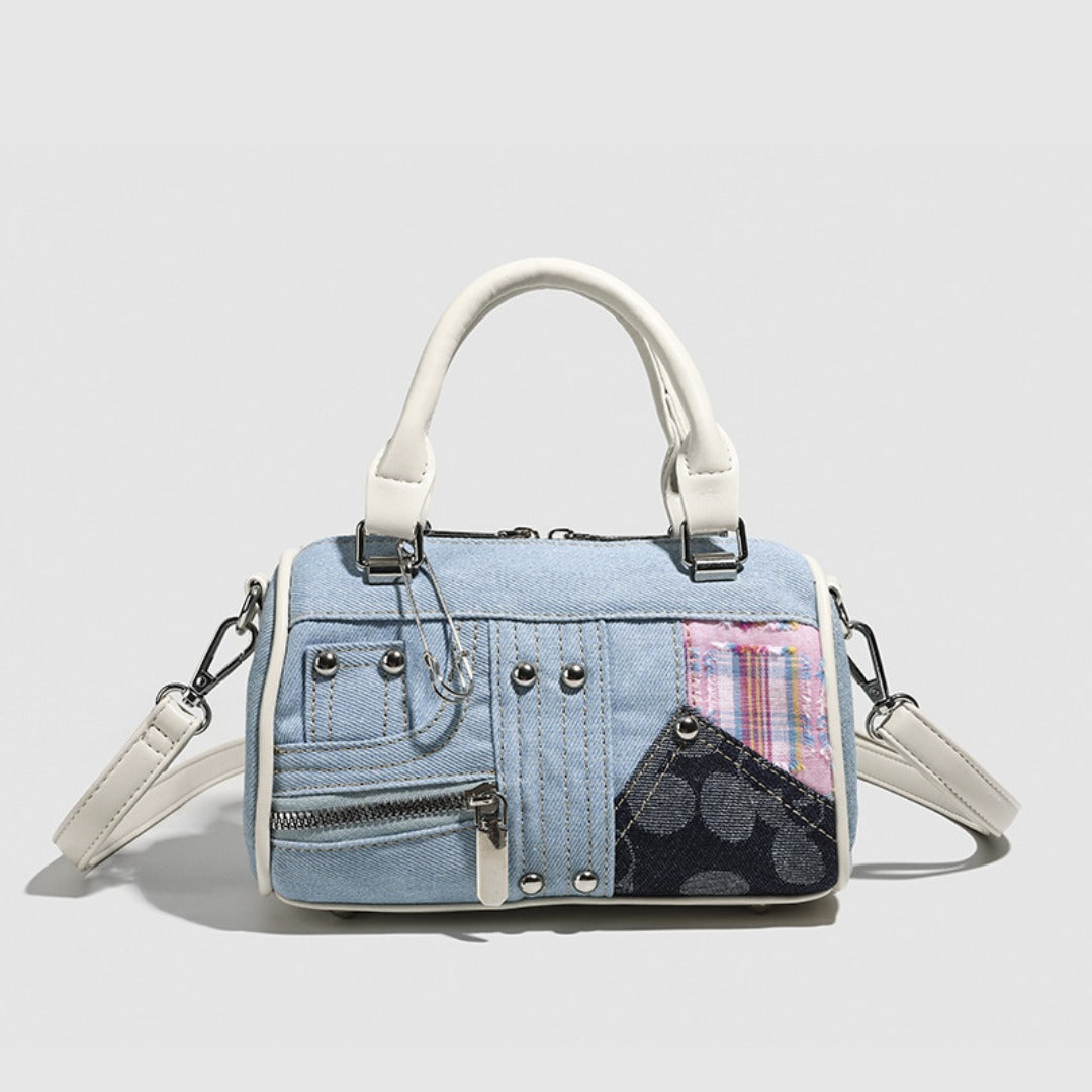 Pink Patchwork Denim Boston Bag