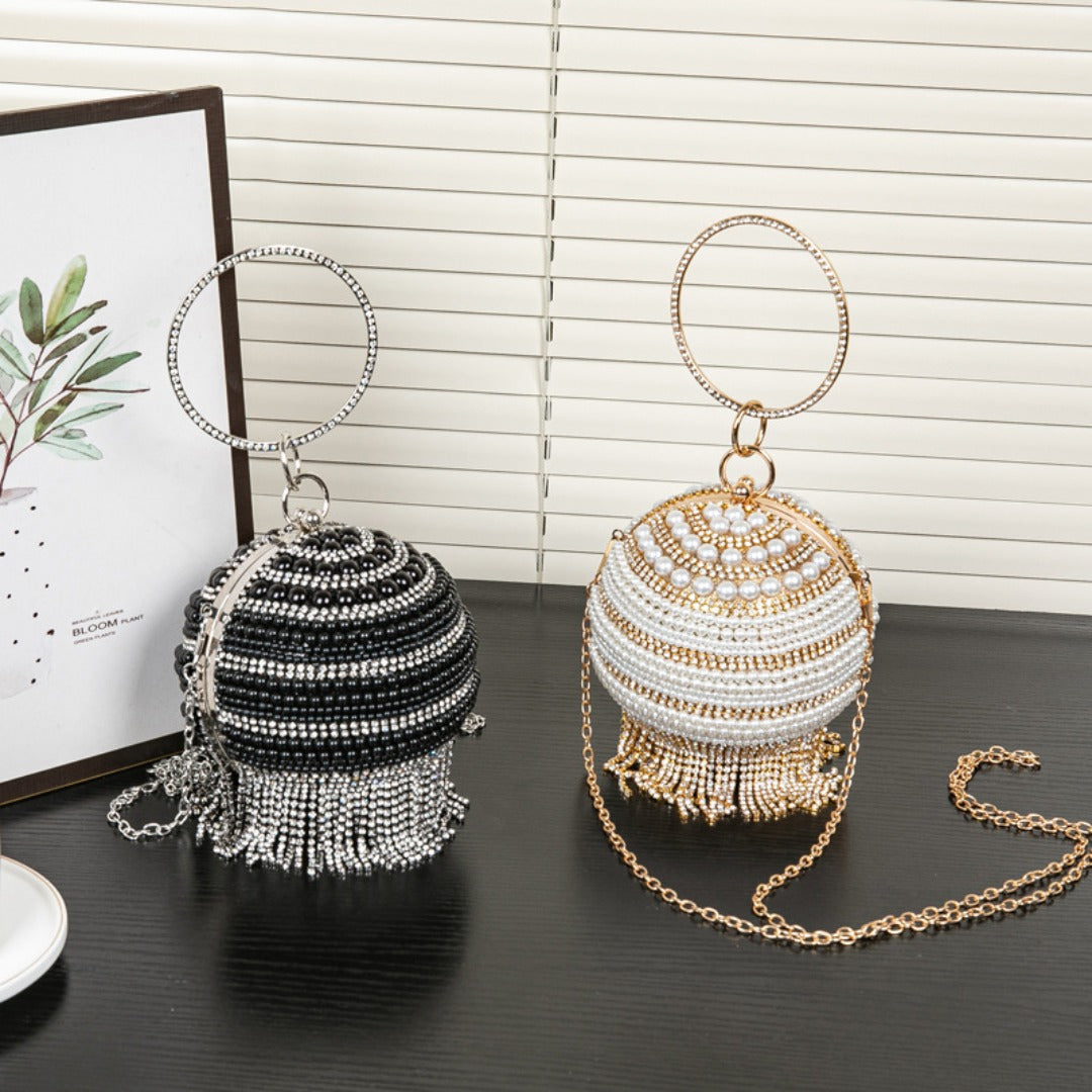 Beaded Round Evening Clutch – Pearl & Tassel