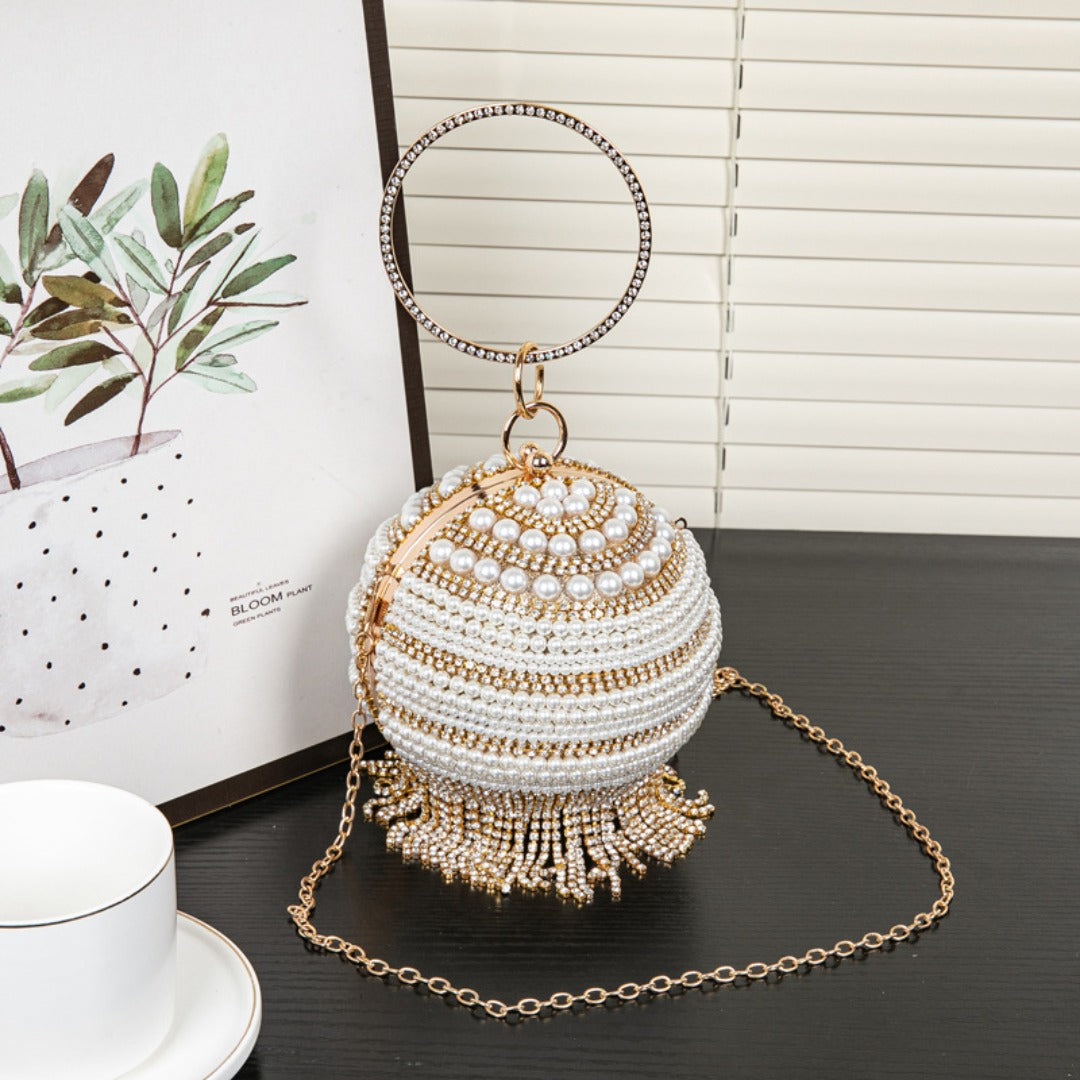 Beaded Round Evening Clutch – Pearl & Tassel