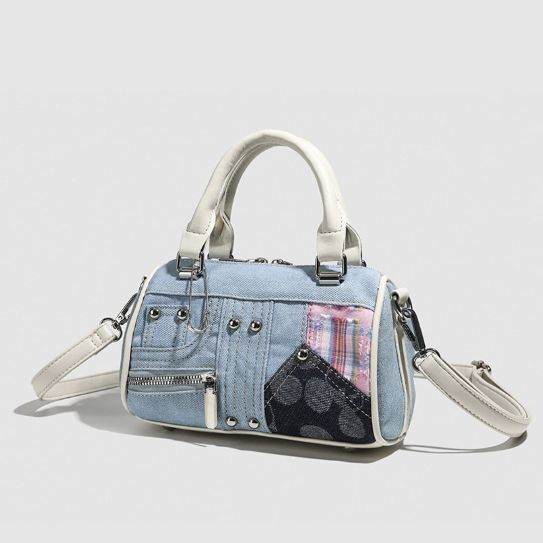 Pink Patchwork Denim Boston Bag