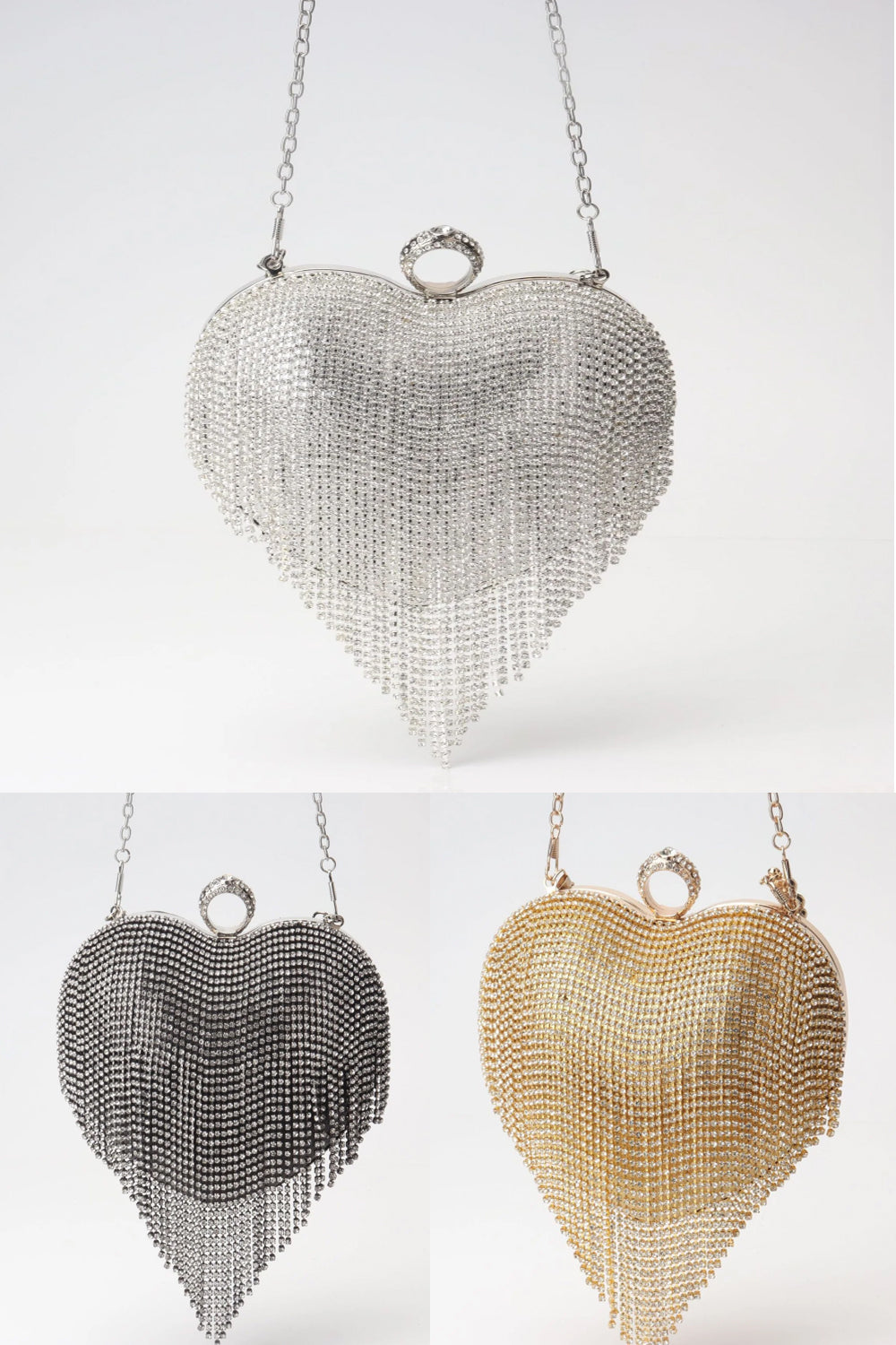 Heart-Shaped Rhinestone Fringe Clutch – Crossbody Evening Bag