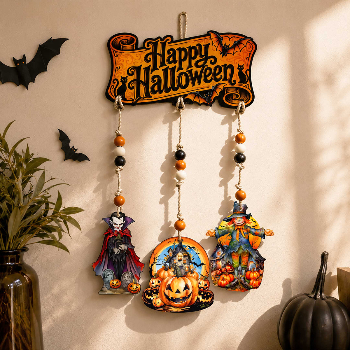 Happy Halloween Wooden Wall Hanger – 3-Piece Decor