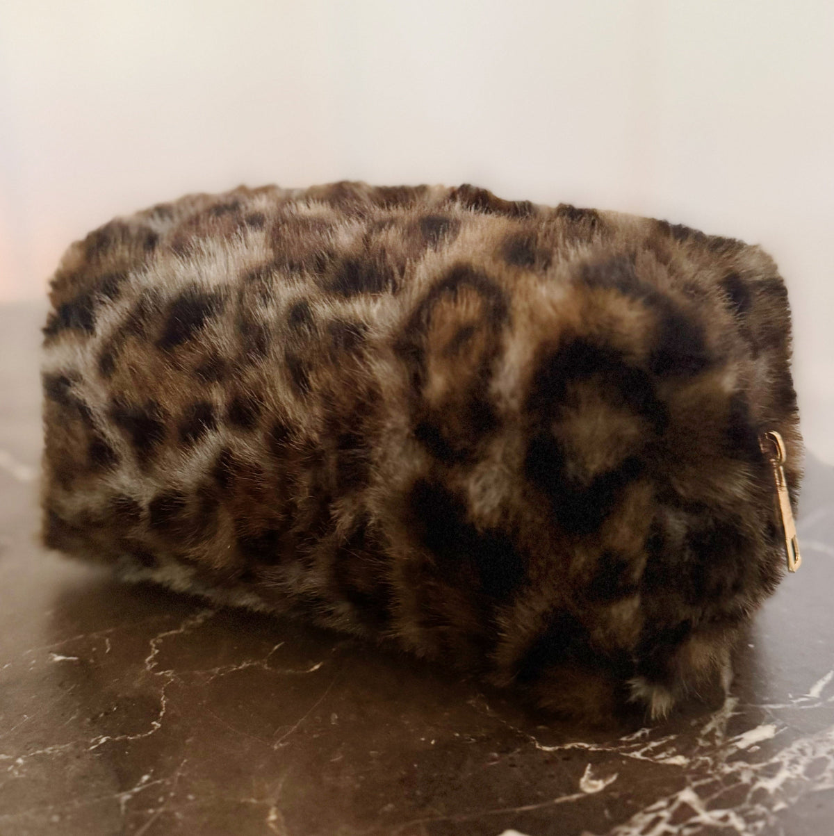 Furry Leopard Cosmetic Case – Plush Makeup Pouch