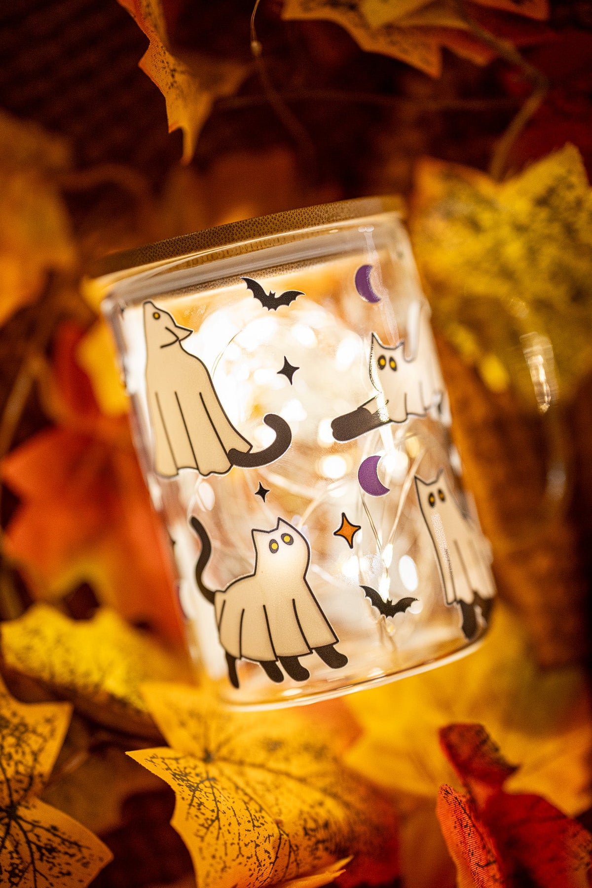 Halloween Ghost Cats Glass Can Cup