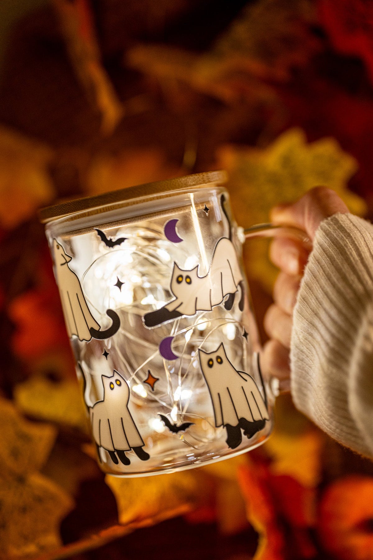 Halloween Ghost Cats Glass Can Cup