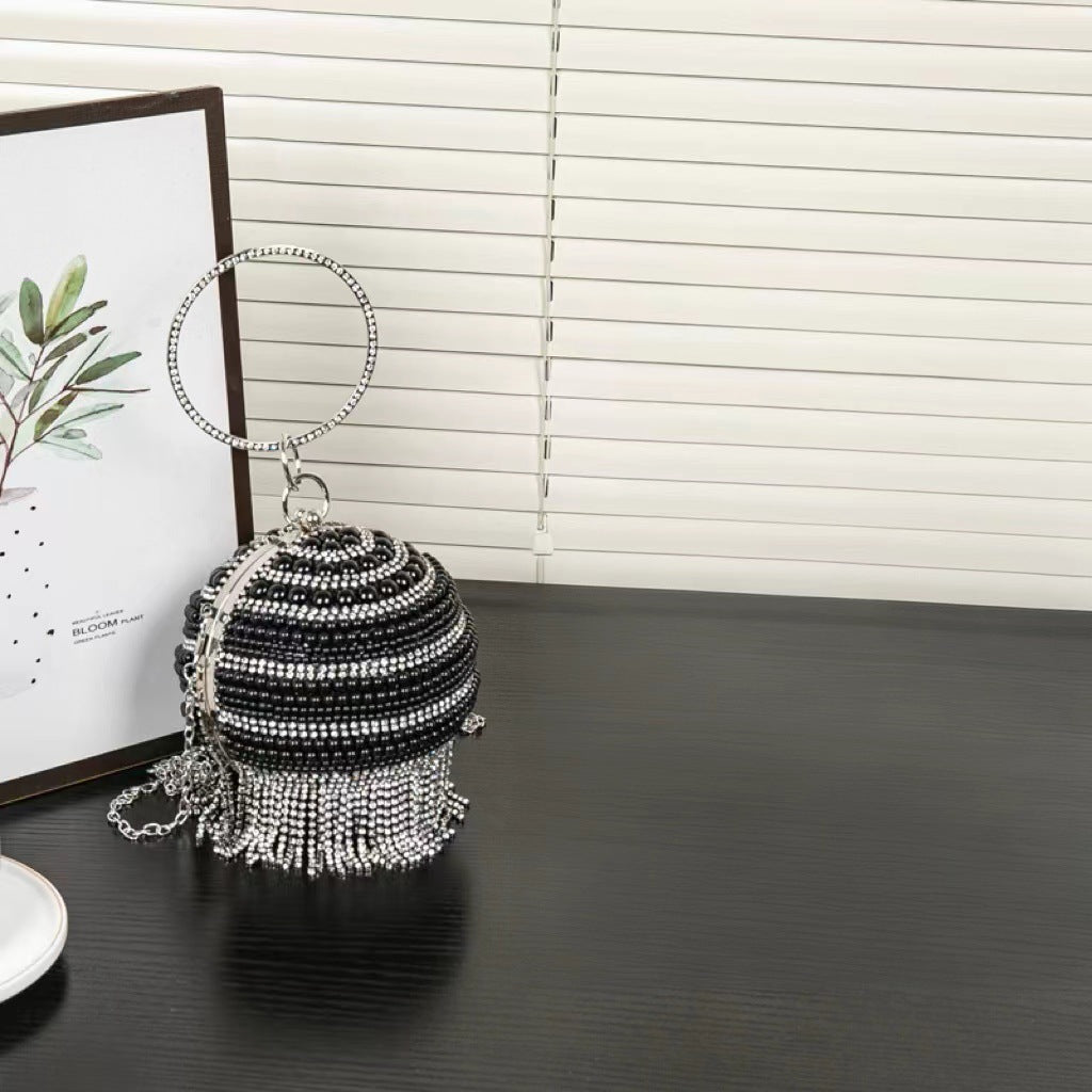 Beaded Round Evening Clutch – Pearl & Tassel