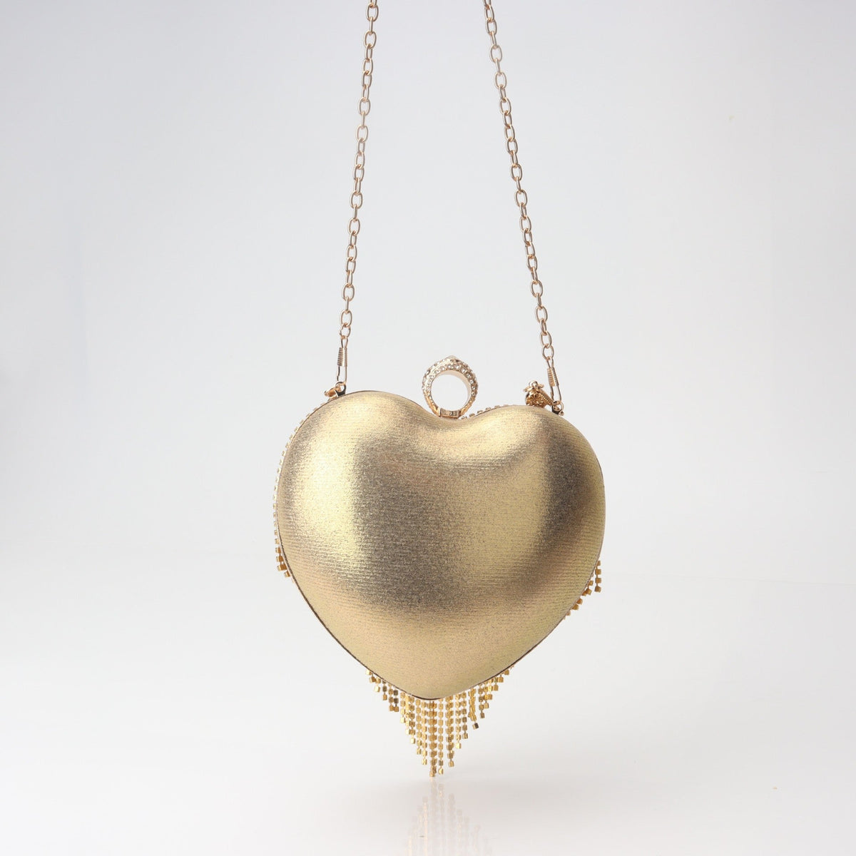 Heart-Shaped Rhinestone Fringe Clutch – Crossbody Evening Bag