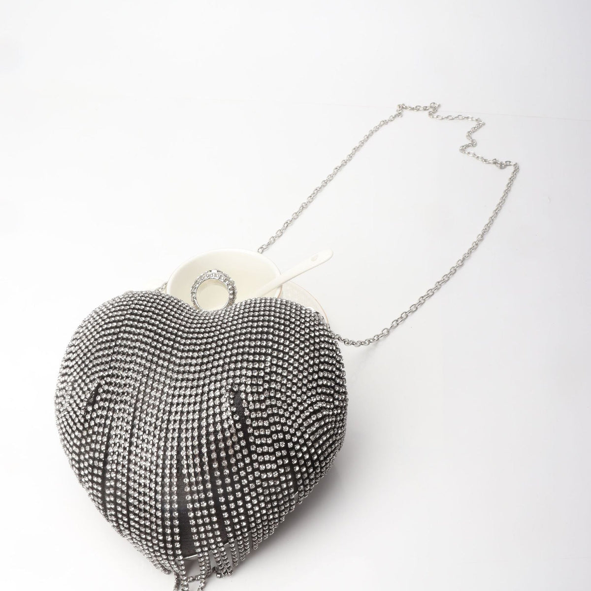 Heart-Shaped Rhinestone Fringe Clutch – Crossbody Evening Bag