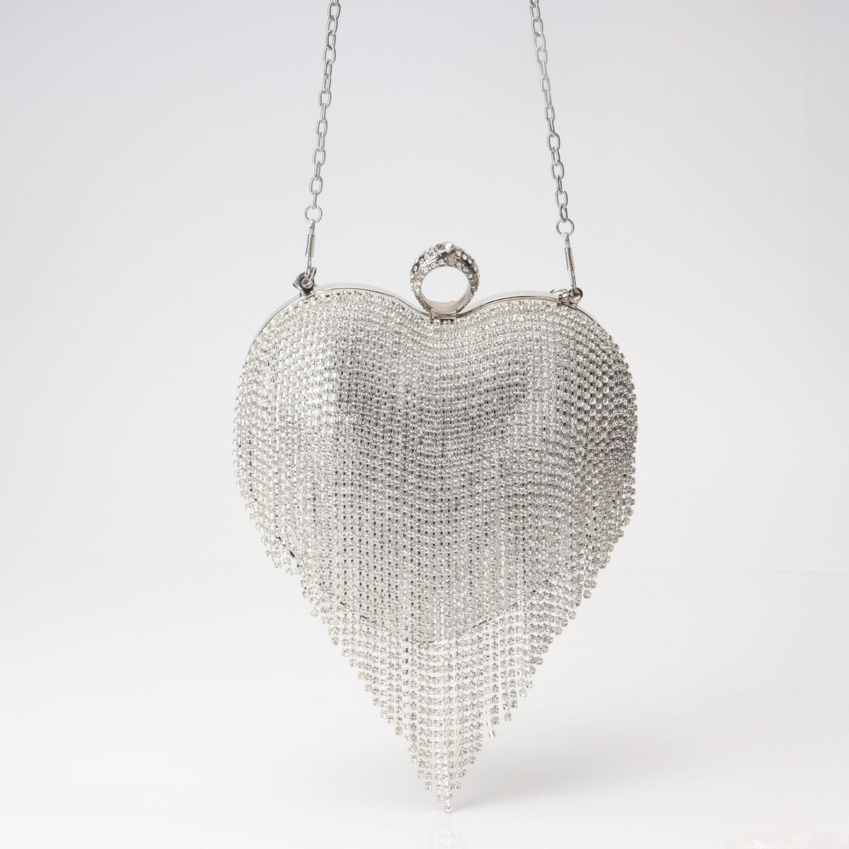 Heart-Shaped Rhinestone Fringe Clutch – Crossbody Evening Bag