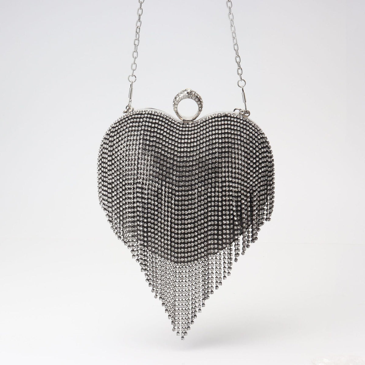 Heart-Shaped Rhinestone Fringe Clutch – Crossbody Evening Bag