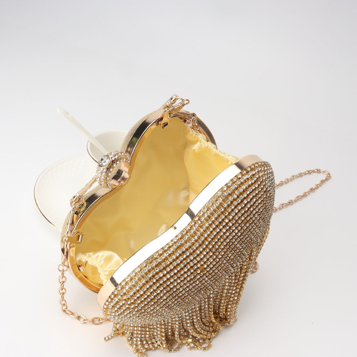 Heart-Shaped Rhinestone Fringe Clutch – Crossbody Evening Bag