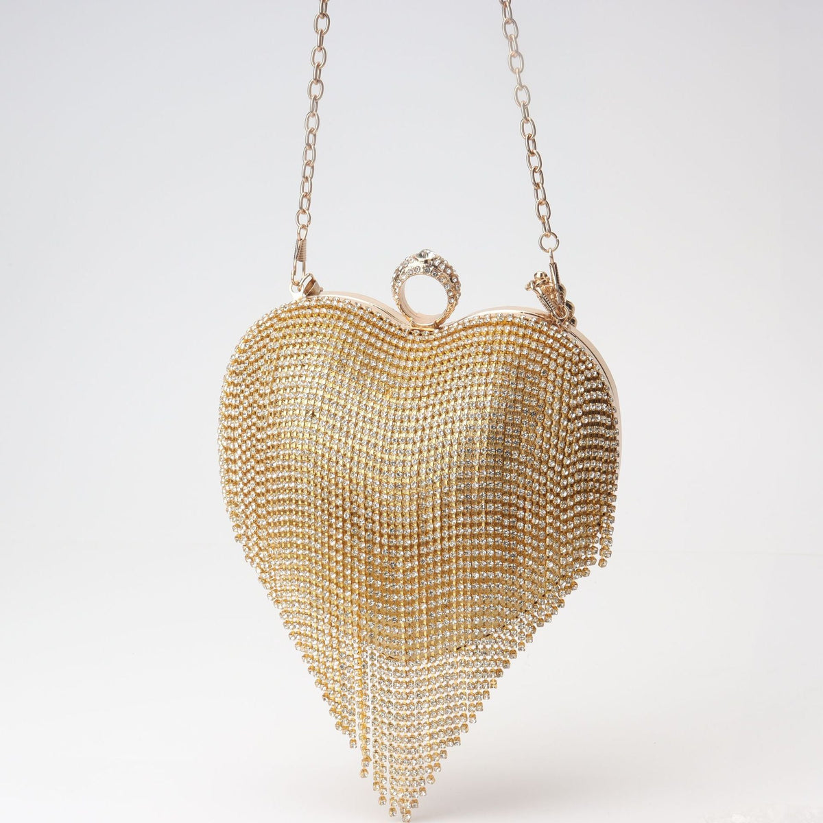 Heart-Shaped Rhinestone Fringe Clutch – Crossbody Evening Bag