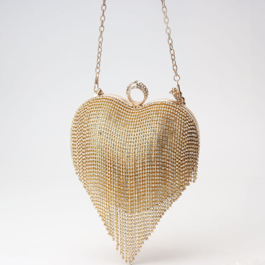 Heart-Shaped Rhinestone Fringe Clutch – Crossbody Evening Bag