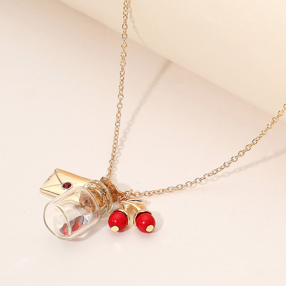 Whimsical Glass Bottle Envelope Cherry Charm Pendant Necklace