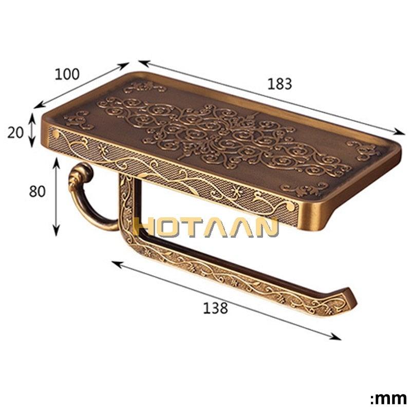 STEVVEX Decor Antique Brass Toilet Paper Holder with Phone Shelf