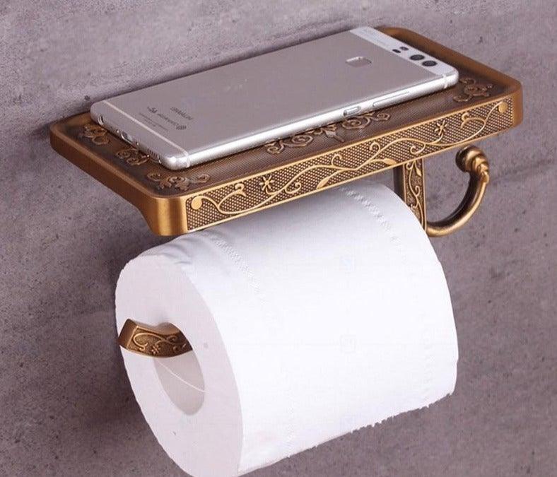 STEVVEX Decor Antique Brass Toilet Paper Holder with Phone Shelf