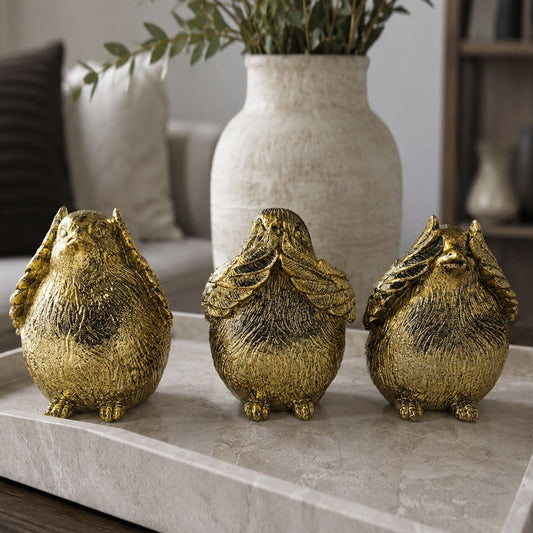 Gold Wise Bird Figurines – See No Evil, Hear No Evil, Speak No Evil