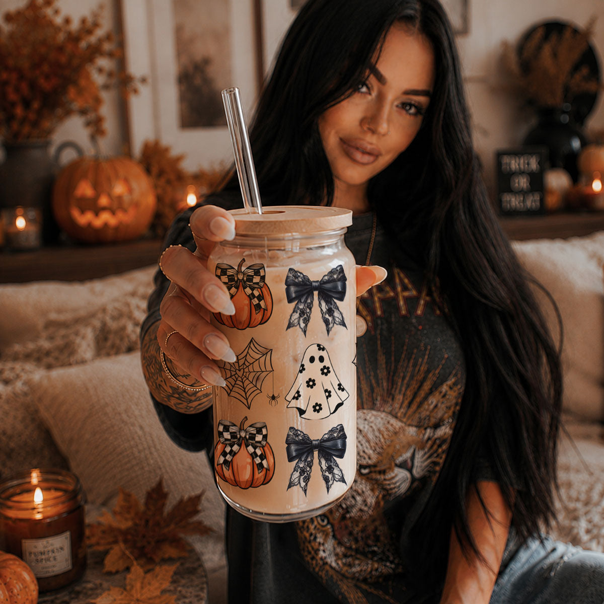 Halloween Glam Pumpkin & Ghost Glass Tumbler – 20oz