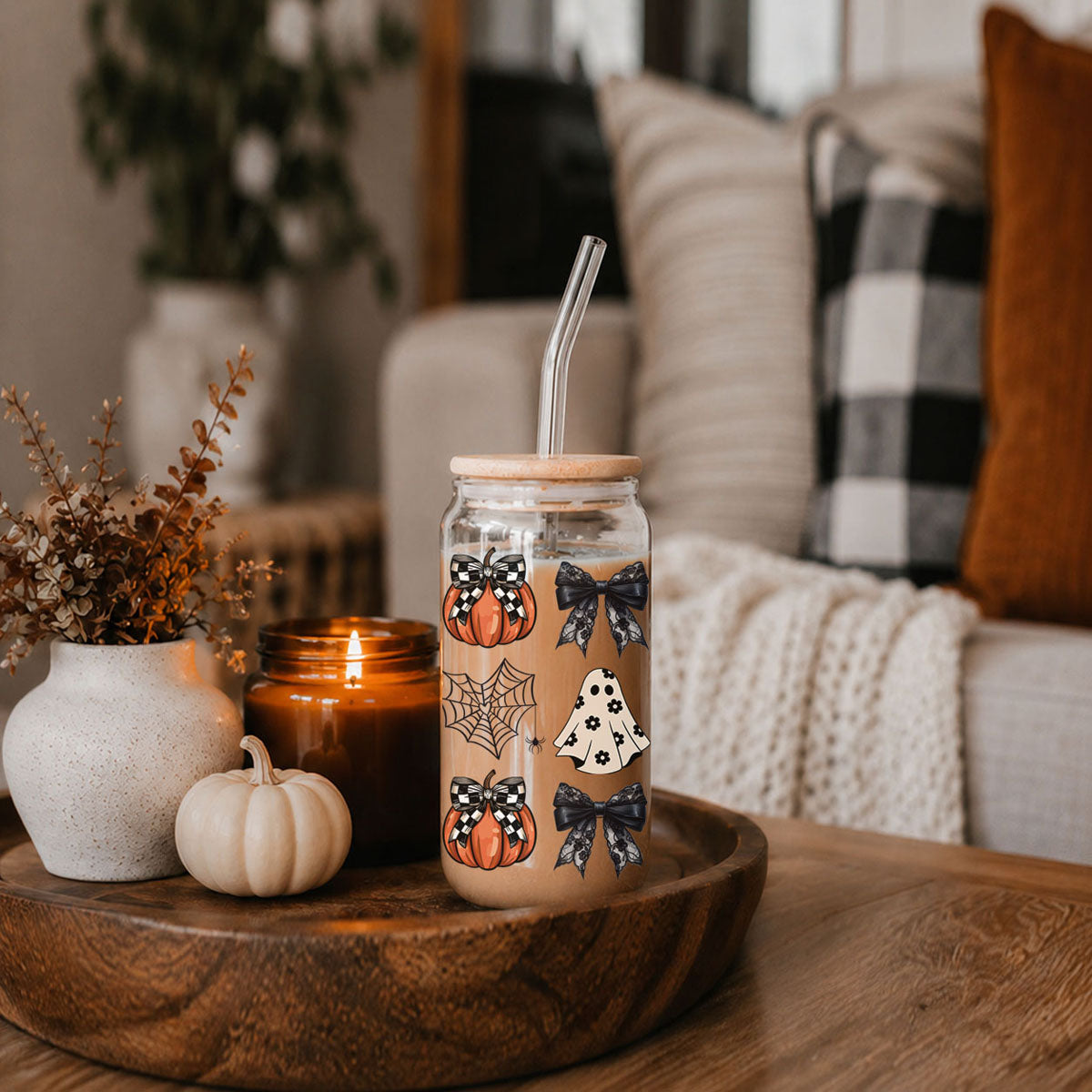 Halloween Glam Pumpkin & Ghost Glass Tumbler – 20oz