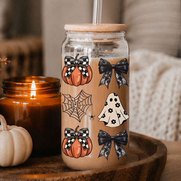 Halloween Glam Pumpkin & Ghost Glass Tumbler – 20oz