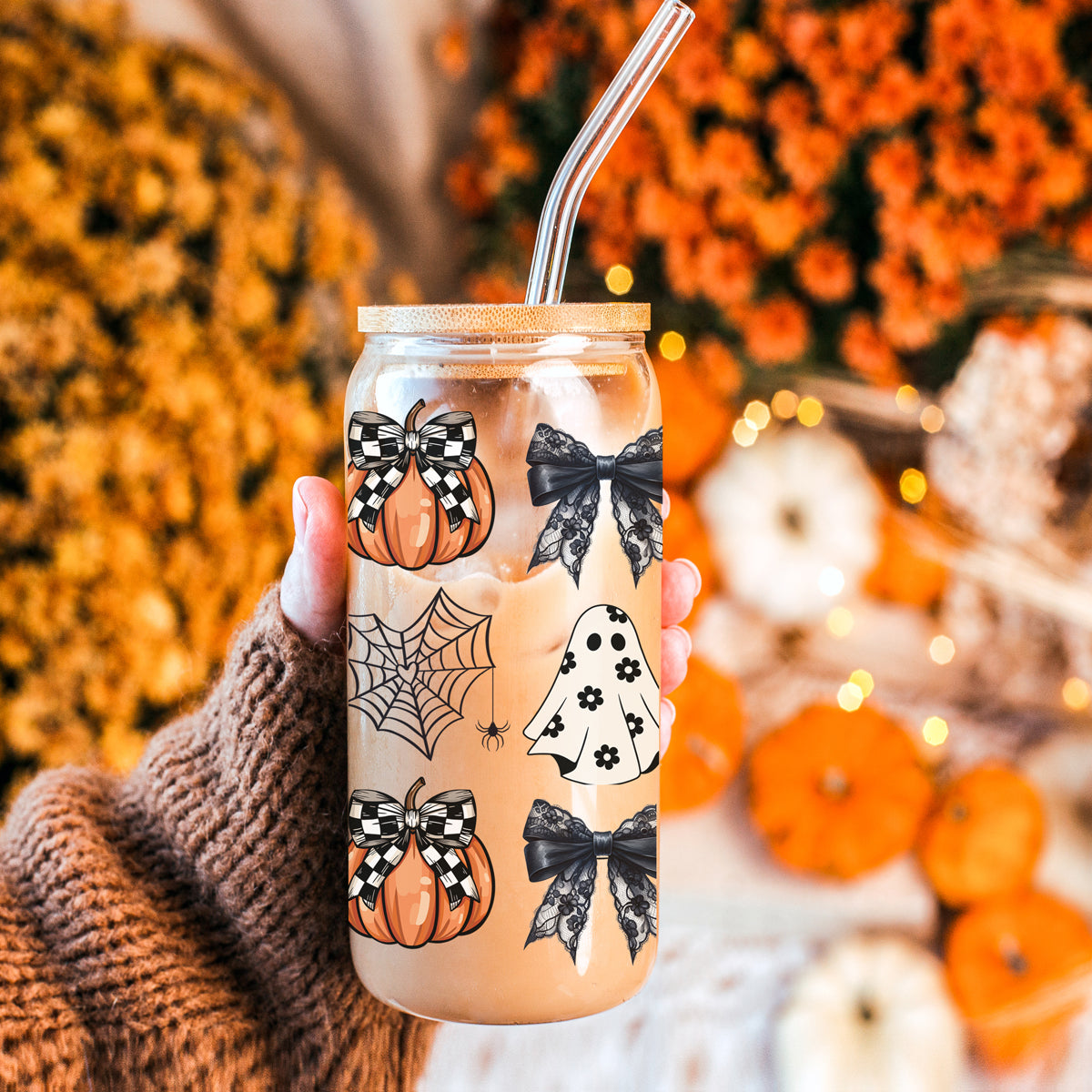 Halloween Glam Pumpkin & Ghost Glass Tumbler – 20oz