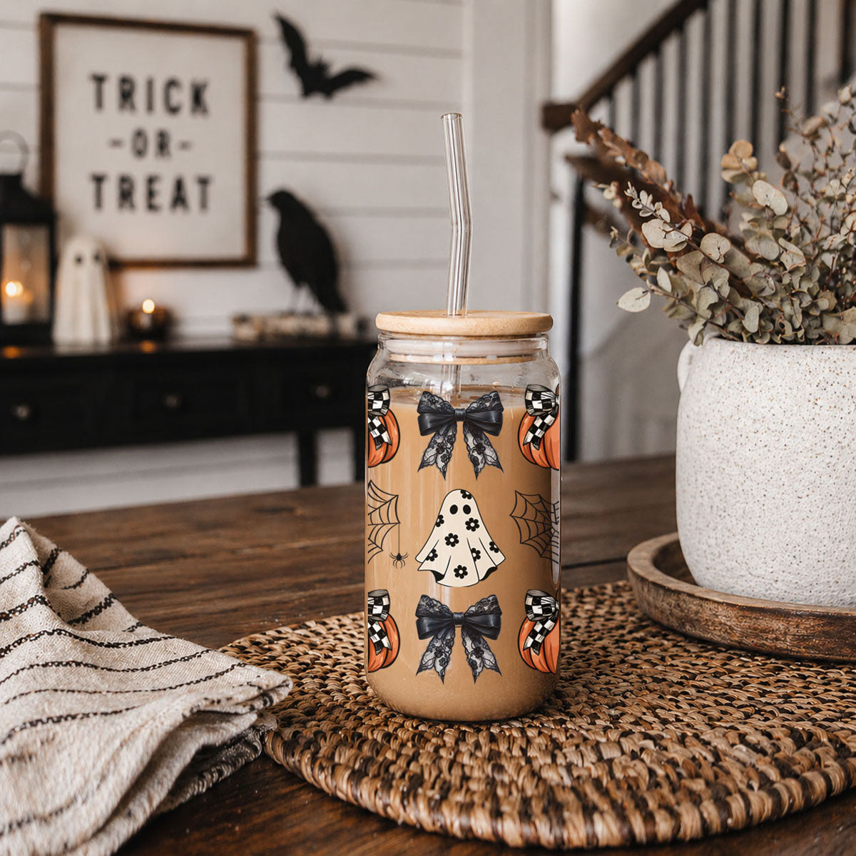 Halloween Glam Pumpkin & Ghost Glass Tumbler – 20oz
