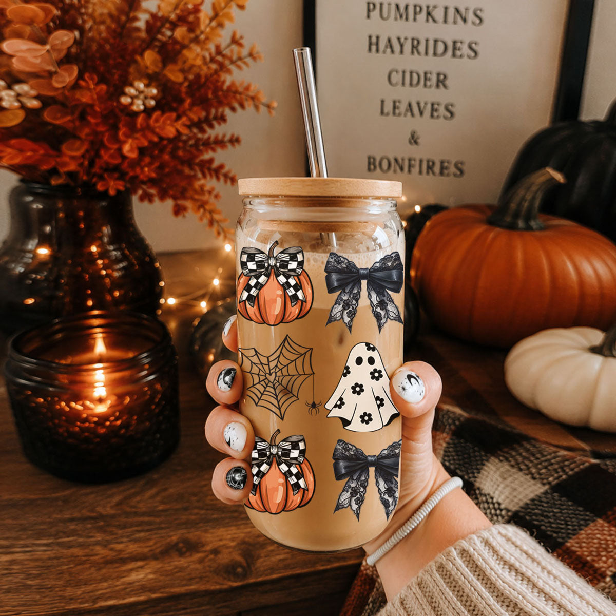 Halloween Glam Pumpkin & Ghost Glass Tumbler – 20oz