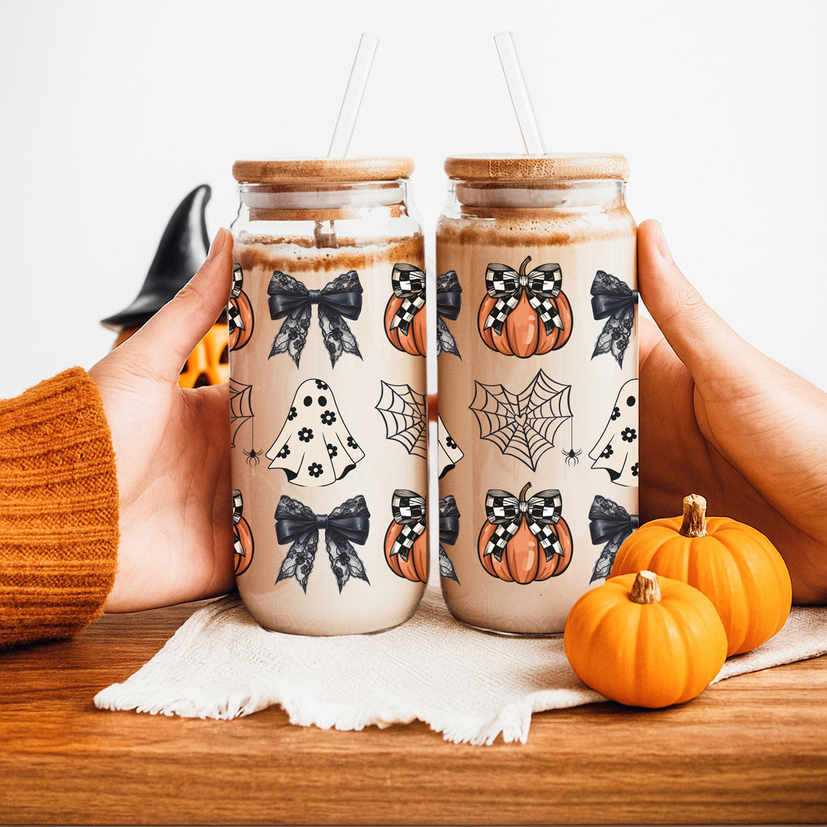 Halloween Glam Pumpkin & Ghost Glass Tumbler – 20oz