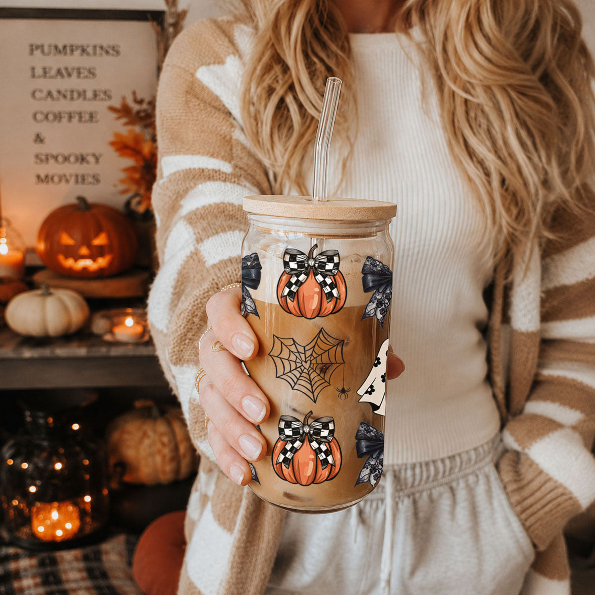 Halloween Glam Pumpkin & Ghost Glass Tumbler – 20oz
