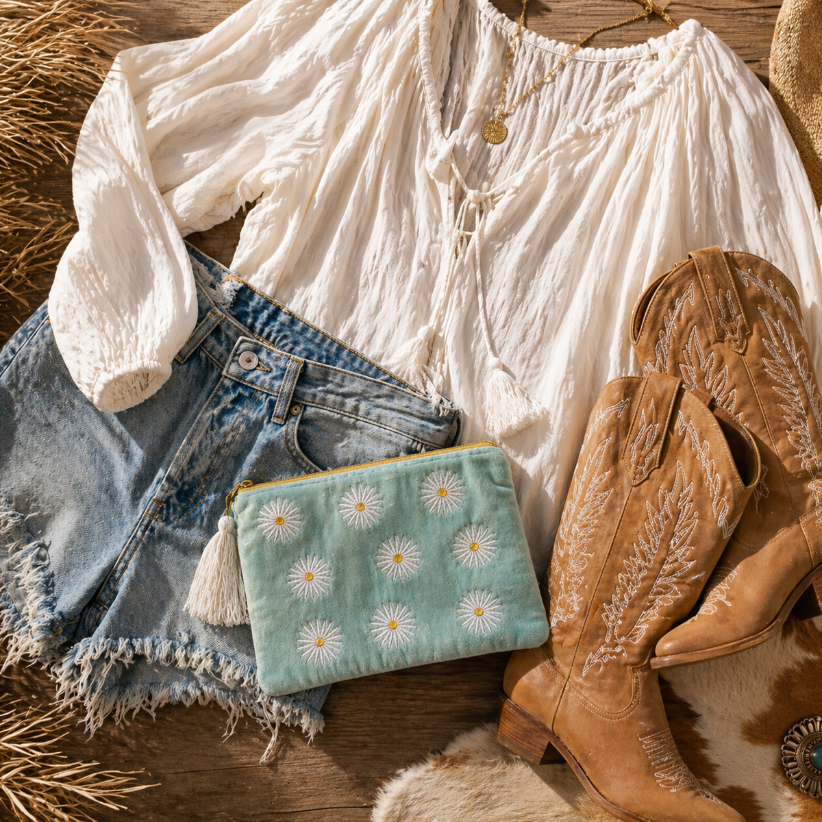 Velvet Daisy Coastal Pouch – Dusty Blue