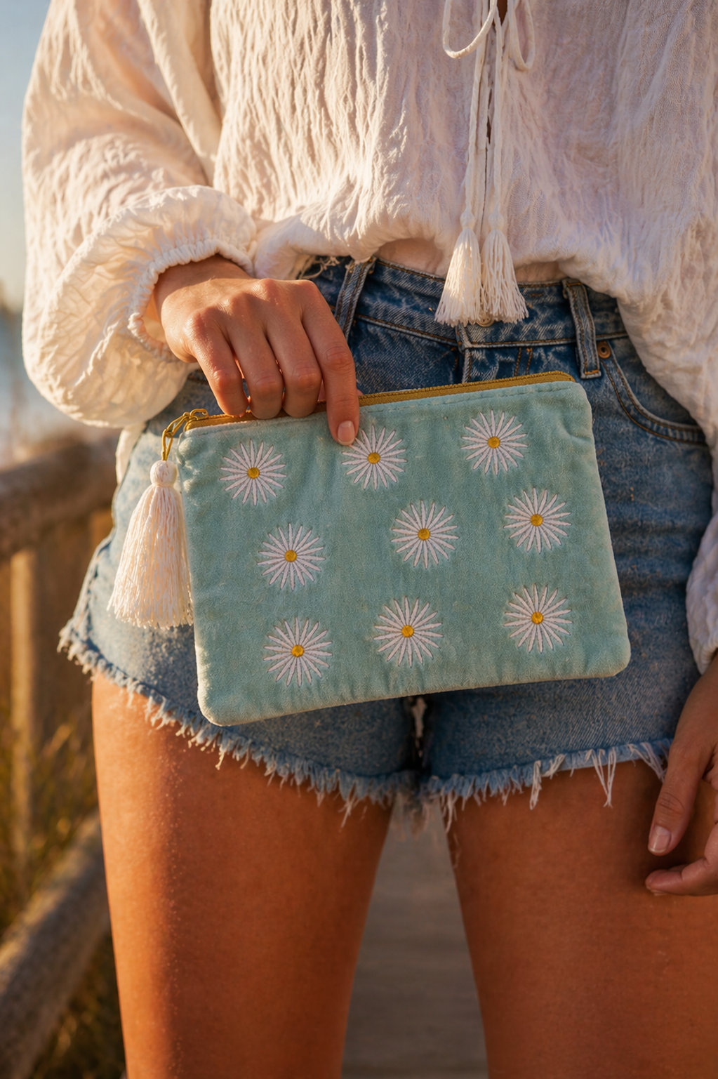 Velvet Daisy Coastal Pouch – Dusty Blue