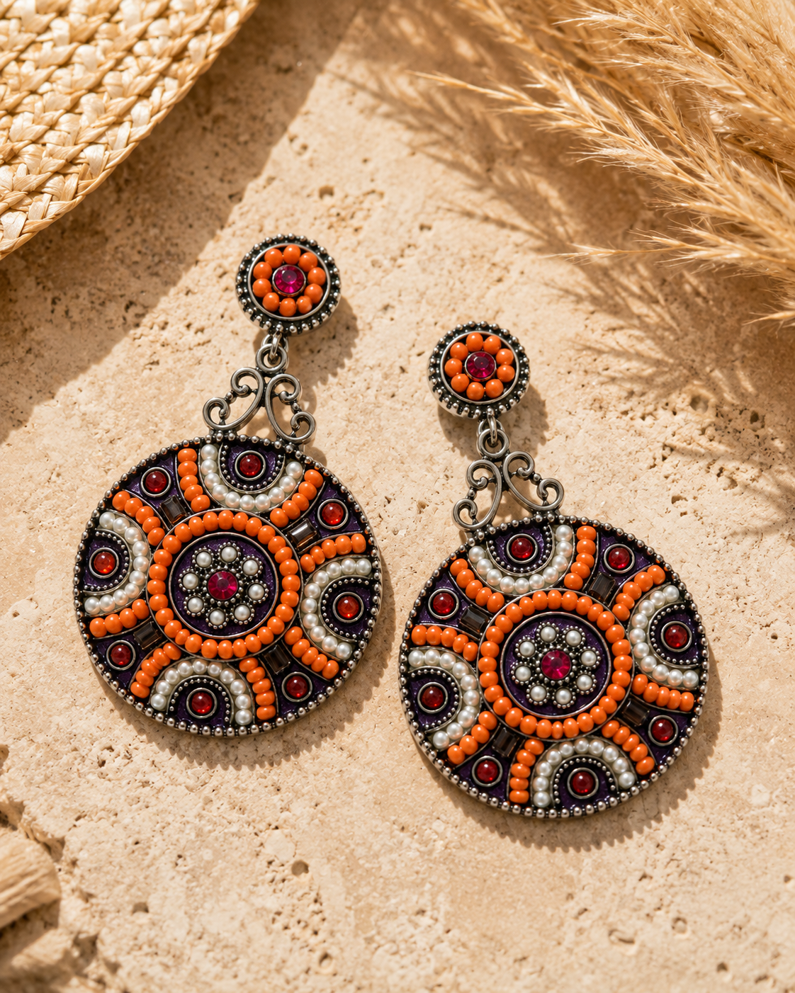 Mosaic Statement Earrings – Boho Beaded Disc Earrings