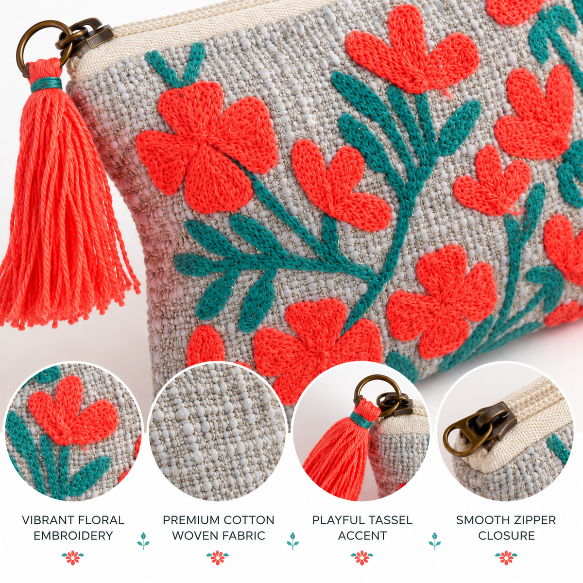 Coral Bloom Embroidered Coin Pouch – Floral Zip Pouch