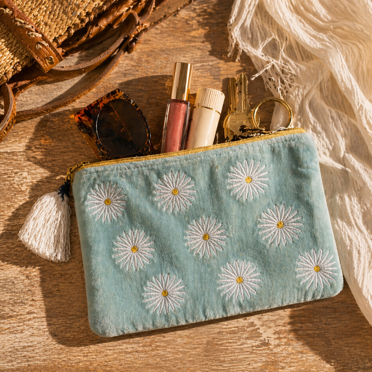Velvet Daisy Coastal Pouch – Dusty Blue