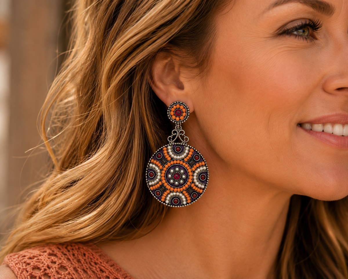Mosaic Statement Earrings – Boho Beaded Disc Earrings