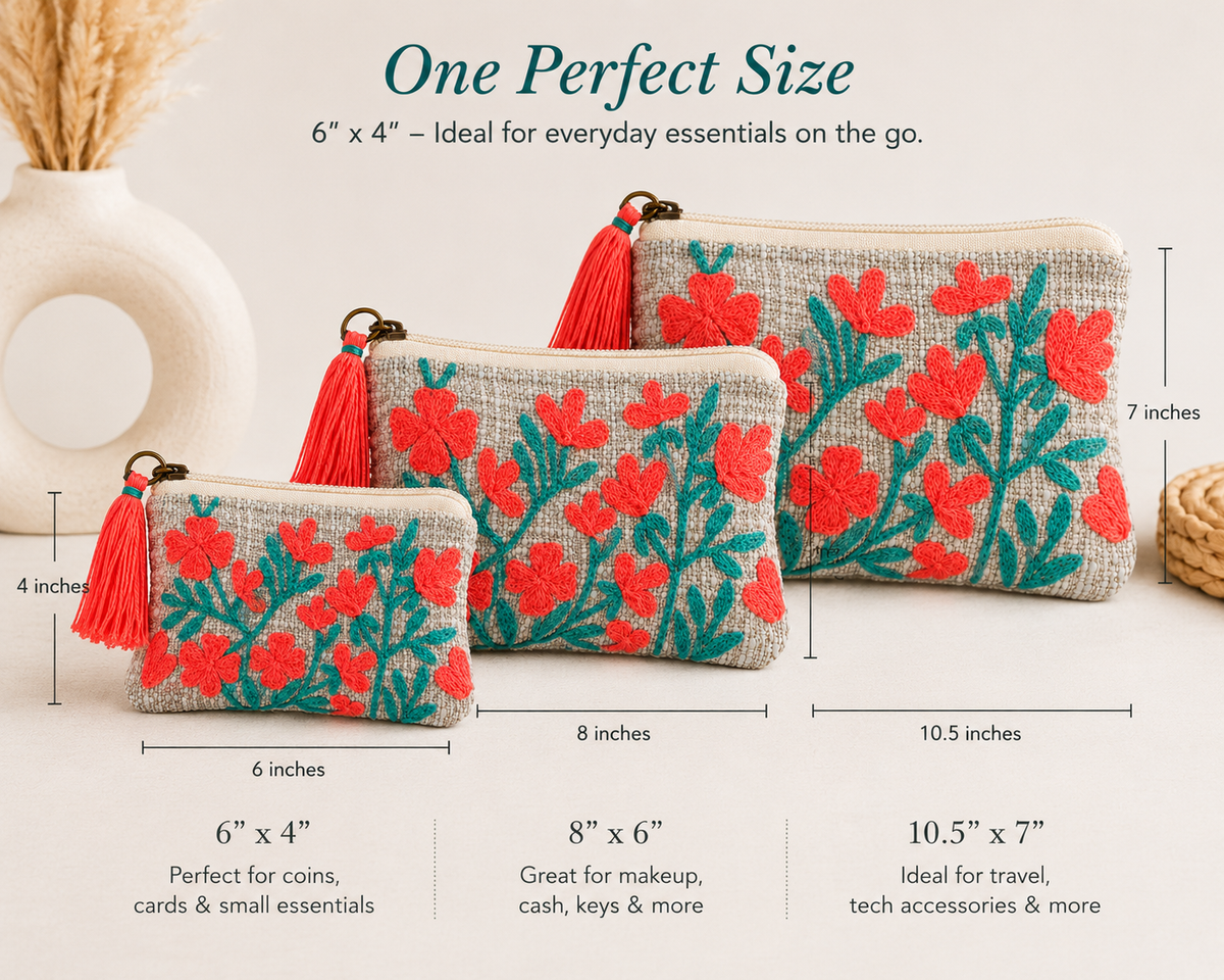 Coral Bloom Embroidered Coin Pouch – Floral Zip Pouch