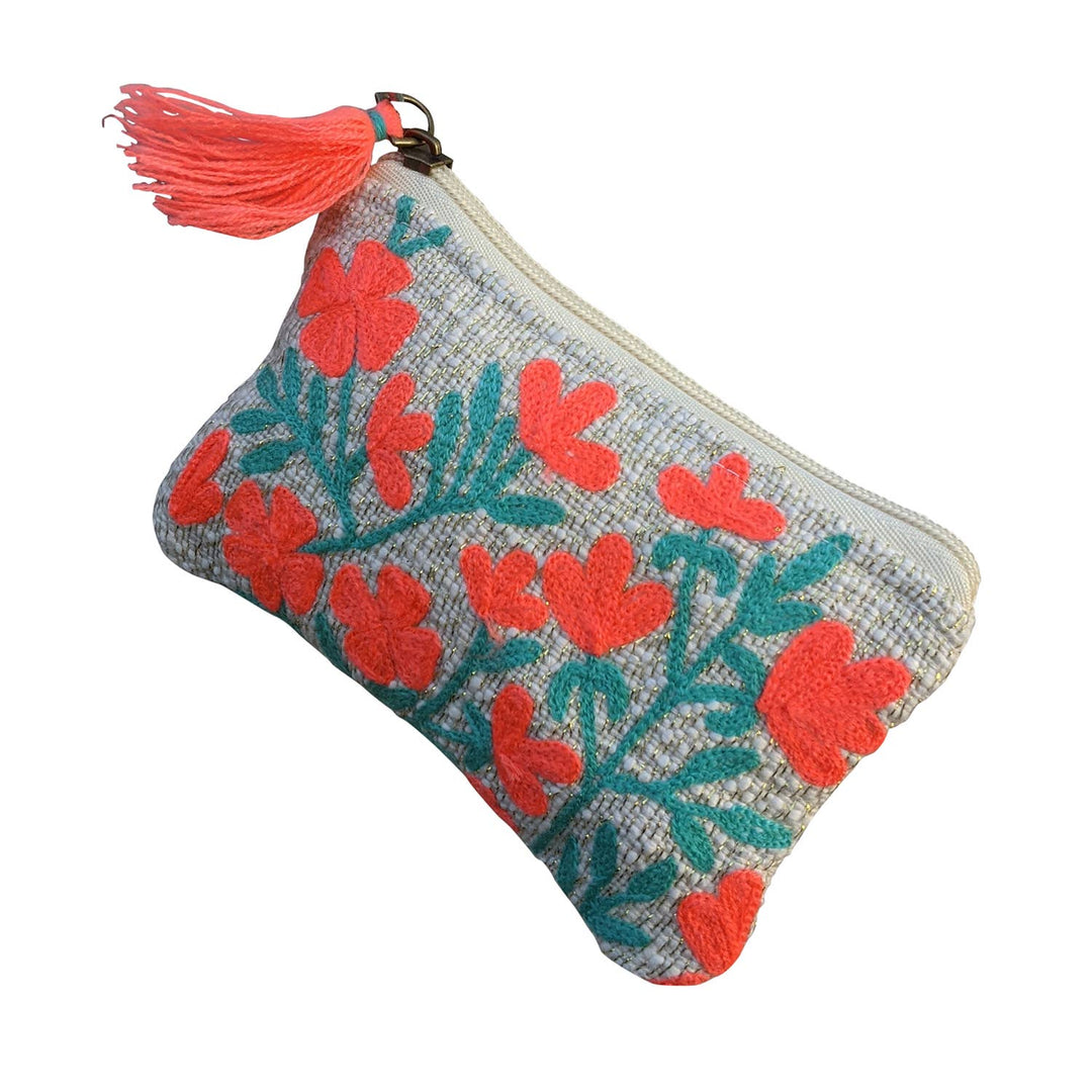 Coral Bloom Embroidered Coin Pouch – Floral Zip Pouch