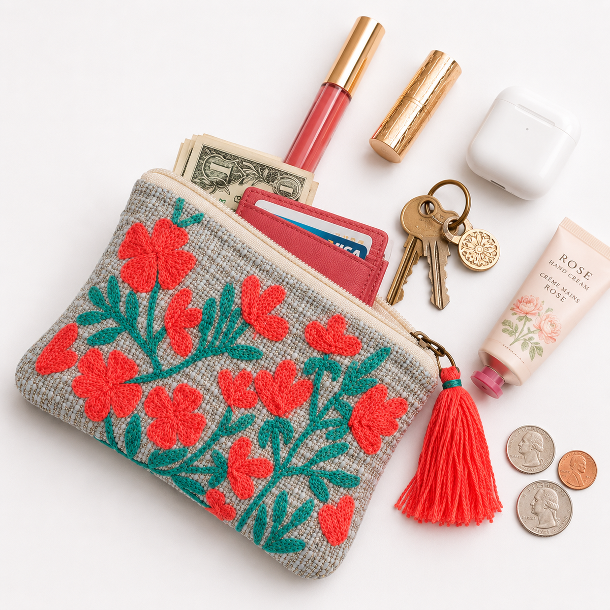 Coral Bloom Embroidered Coin Pouch – Floral Zip Pouch