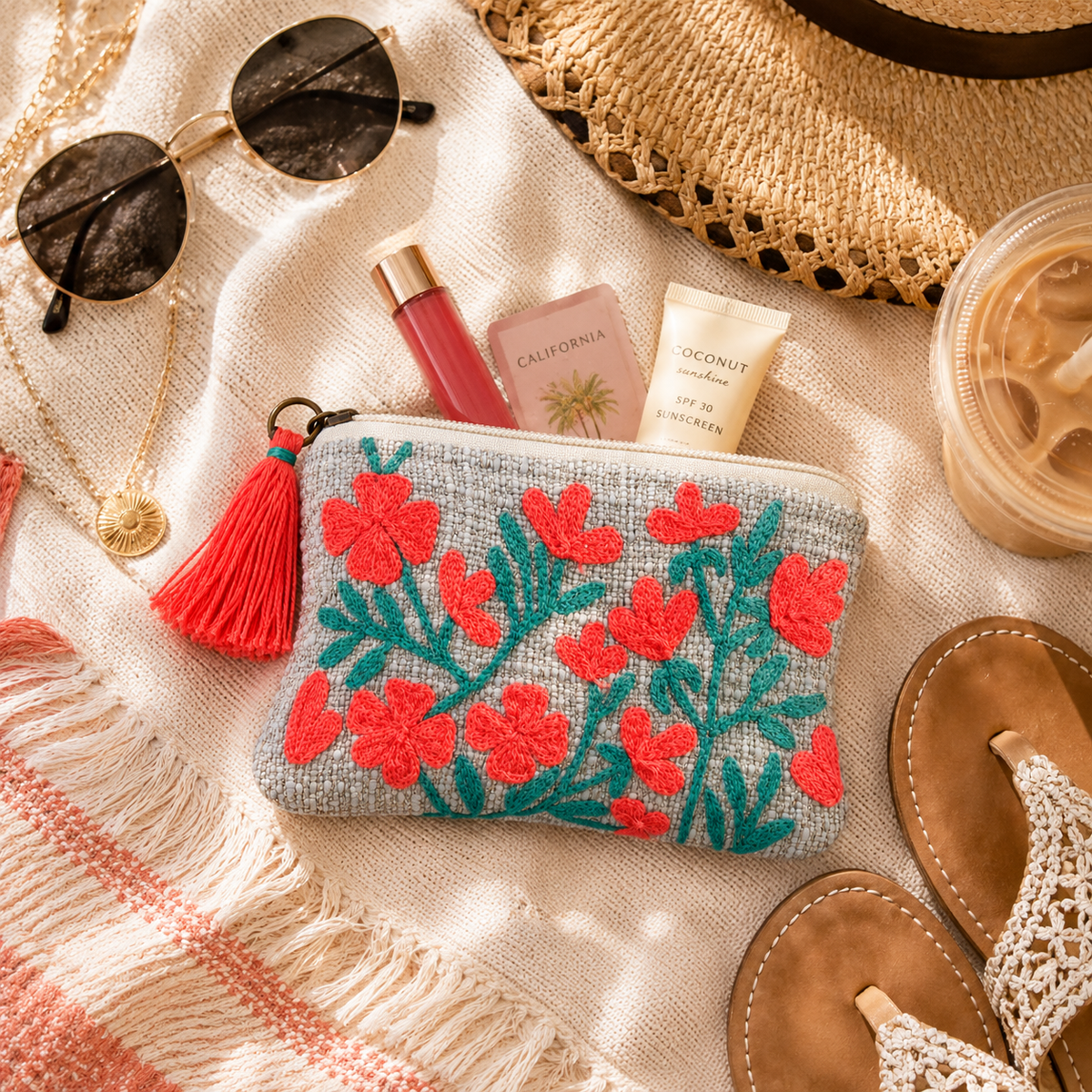 Coral Bloom Embroidered Coin Pouch – Floral Zip Pouch