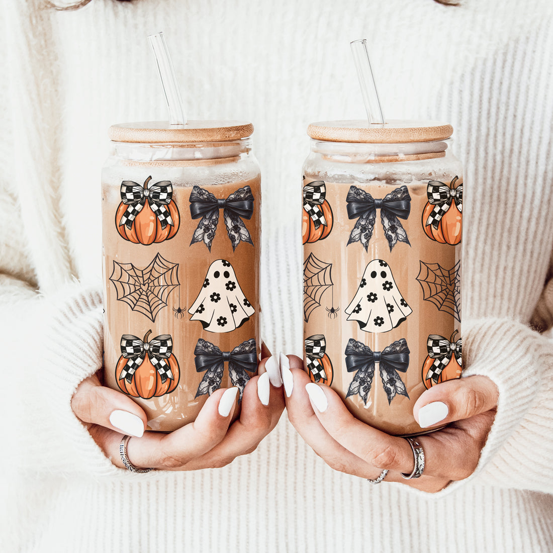 Halloween Glam Pumpkin & Ghost Glass Tumbler – 20oz