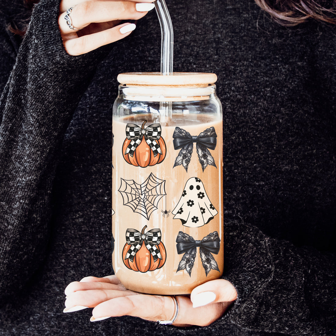 Halloween Glam Pumpkin & Ghost Glass Tumbler – 20oz